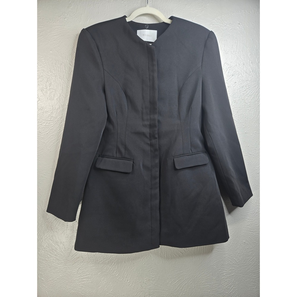 Meshki Tailored Blazer Mini Dress L Black Collarless Long Sleeve Preppy Business